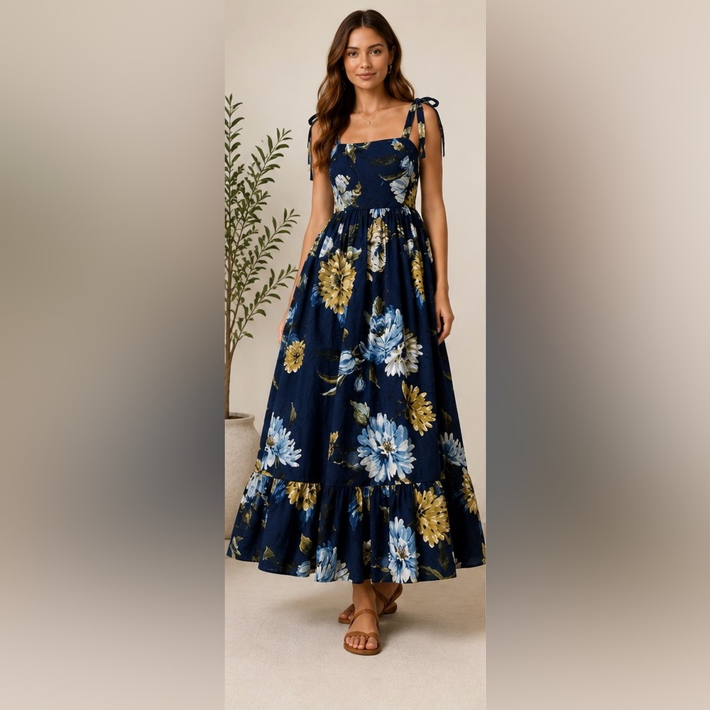 Rachel Zoe Floral Tie Strap Maxi Dress Women’s XS Navy Blue Cottagecore